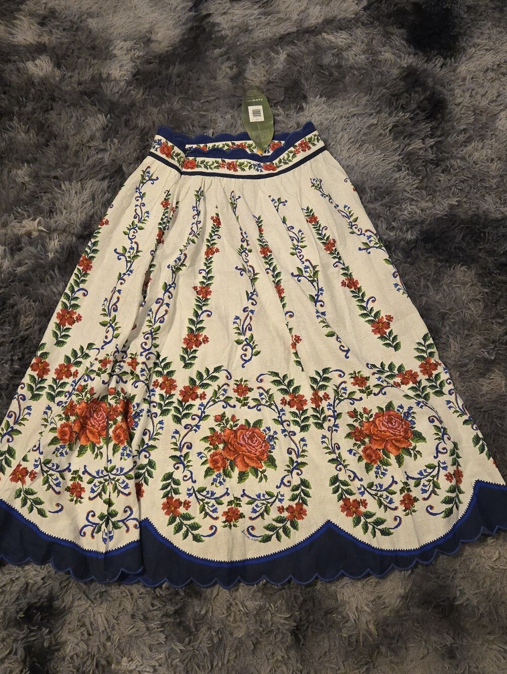 FARM RIO Flower Tapestry Off White Linen Blend Midi Maxi Skirt Scallop Size M NW - Picture 7 of 8